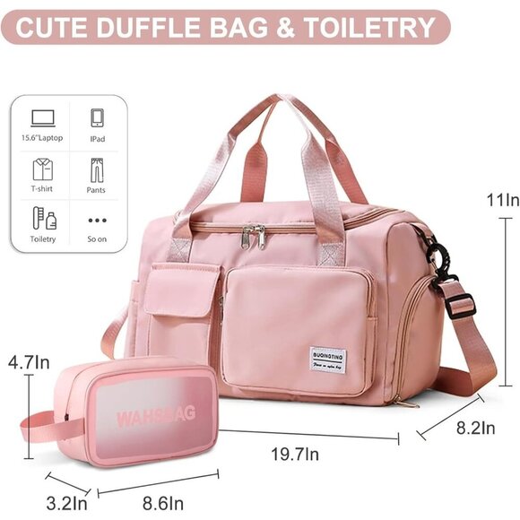 Women Pink Small Gym Carry On Weekender Travel Duffle Shoe Compartment Bag - Picture 4 of 8